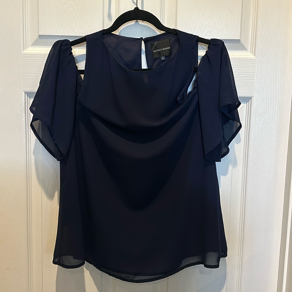 Women's Buckle Black Top - Cold Shoulder - Size L
